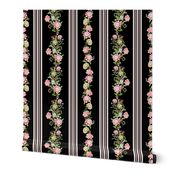 Victorian inspired striped grandmillennial wallpaper with beautiful borders vines, Preppy Rococo flowers and birds  - black dramatic pink 