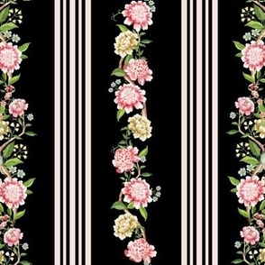 Victorian inspired striped wallpaper with beautiful borders vines, Rococo flowers and birds  - black pink 