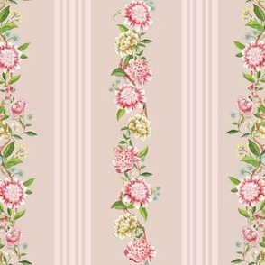 Victorian inspired striped wallpaper with beautiful borders vines, Rococo flowers and birds - blush pink 