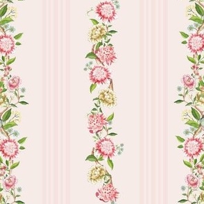 Victorian inspired striped wallpaper with beautiful borders vines,Rococo  flowers and birds - pink - light blush