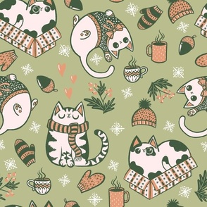 cozy christmas cats - big scale - green peach