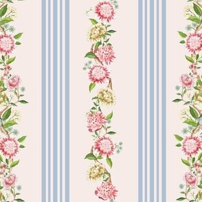 Victorian inspired striped wallpaper with beautiful borders vines, Rococo flowers and birds - pink blue