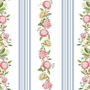 Victorian inspired striped wallpaper with beautiful borders vines, Rococo flowers and birds  - white blue
