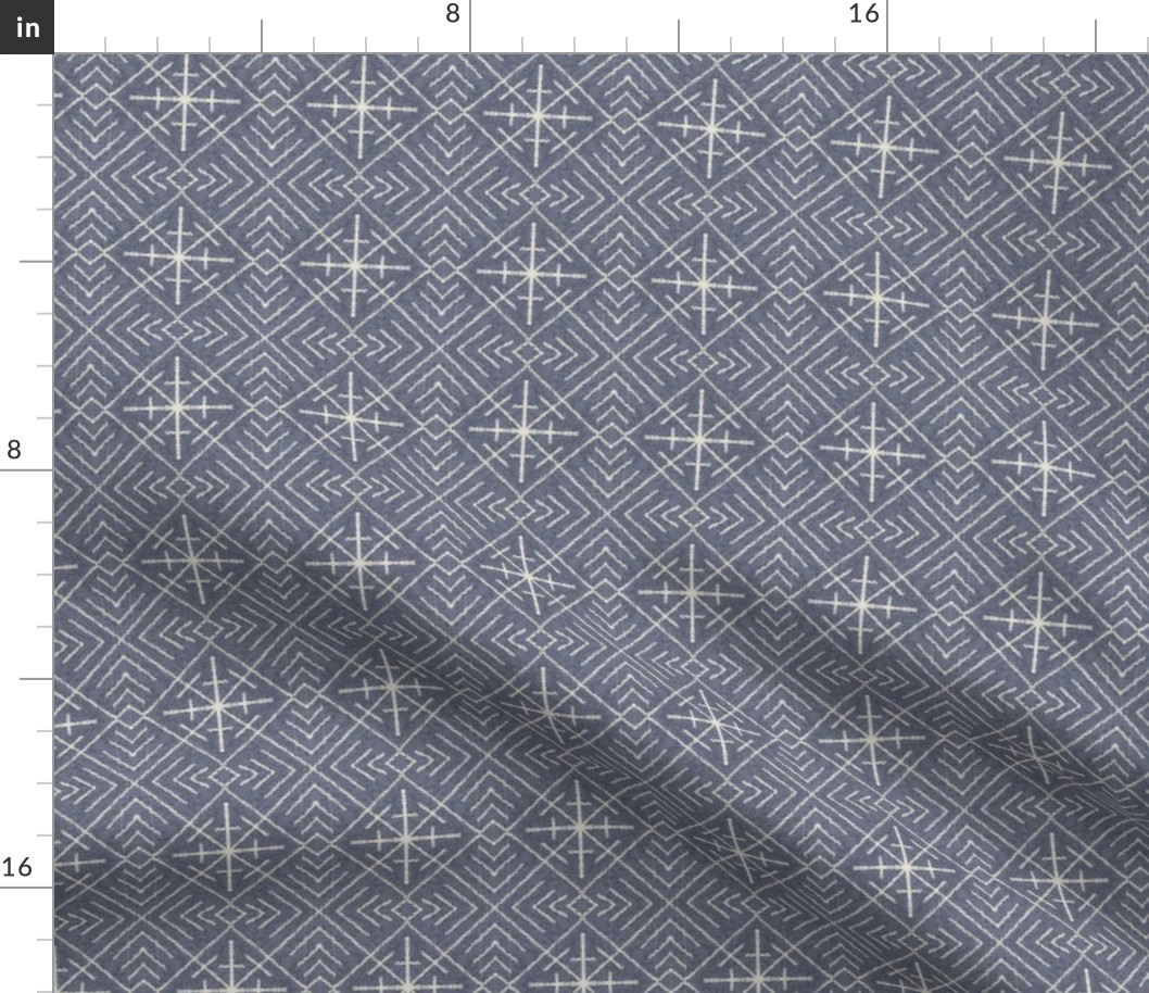 ethnic tribal linework, mud cloth, geometric diamond pattern, cream on slate blue