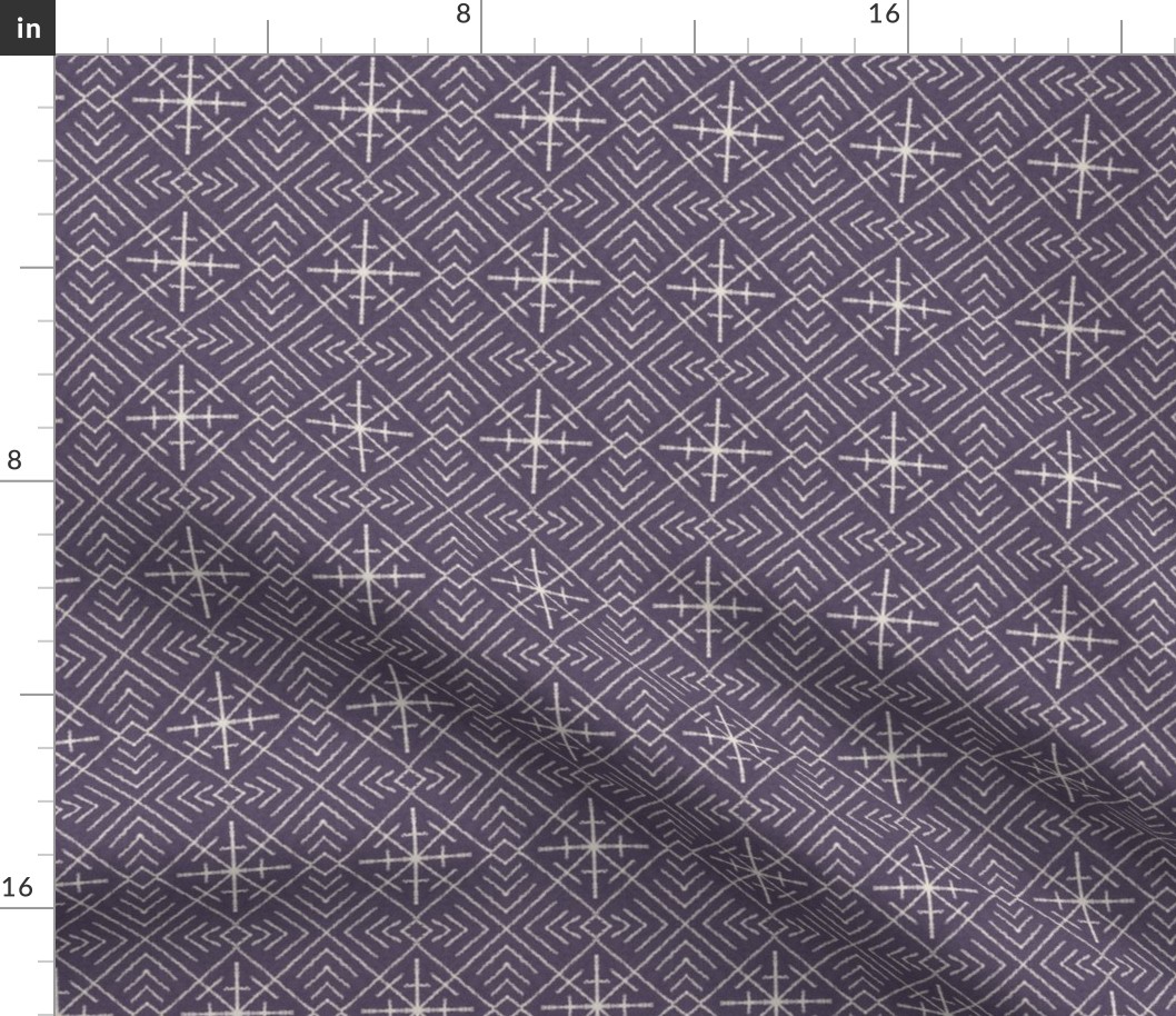 ethnic tribal linework, mud cloth, geometric diamond pattern, cream on dark lavender