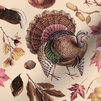 Thanksgiving approaching, vintage turkey, antique pumpkin,nostalgic colourful autumn leaves - sepia blush