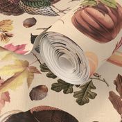 Thanksgiving approaching, vintage turkey, antique pumpkin,nostalgic colourful autumn leaves - sepia blush