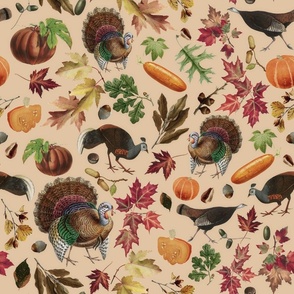 Thanksgiving approaching, vintage turkey, antique pumpkin,nostalgic colourful autumn leaves - beige orange