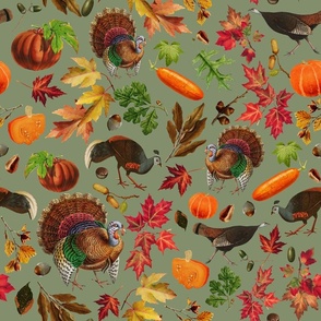 Thanksgiving approaching, vintage turkey, antique pumpkin,festive food, nostalgic colourful autumn leaves - sage