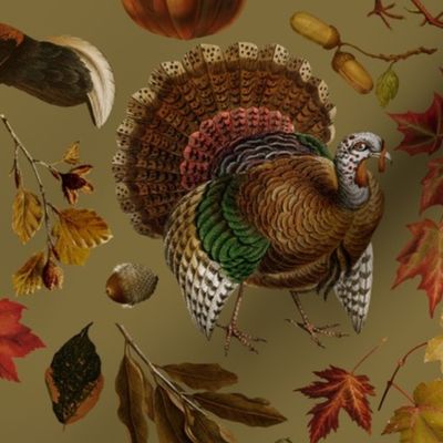Thanksgiving approaching, vintage turkey, antique pumpkin,festive food, nostalgic colourful autumn leaves- sage sepia
