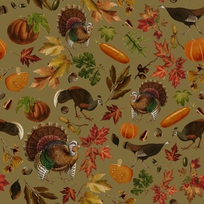 Thanksgiving approaching, vintage turkey, antique pumpkin,festive food, nostalgic colourful autumn leaves- sage sepia