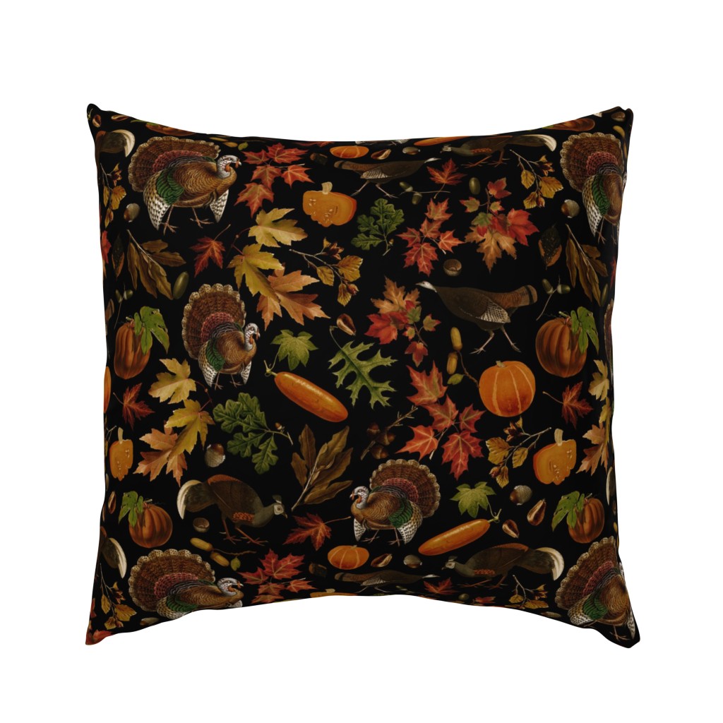 Thanksgiving approaching, vintage turkey, antique pumpkin,festive food, nostalgic colourful autumn leaves - contrast black