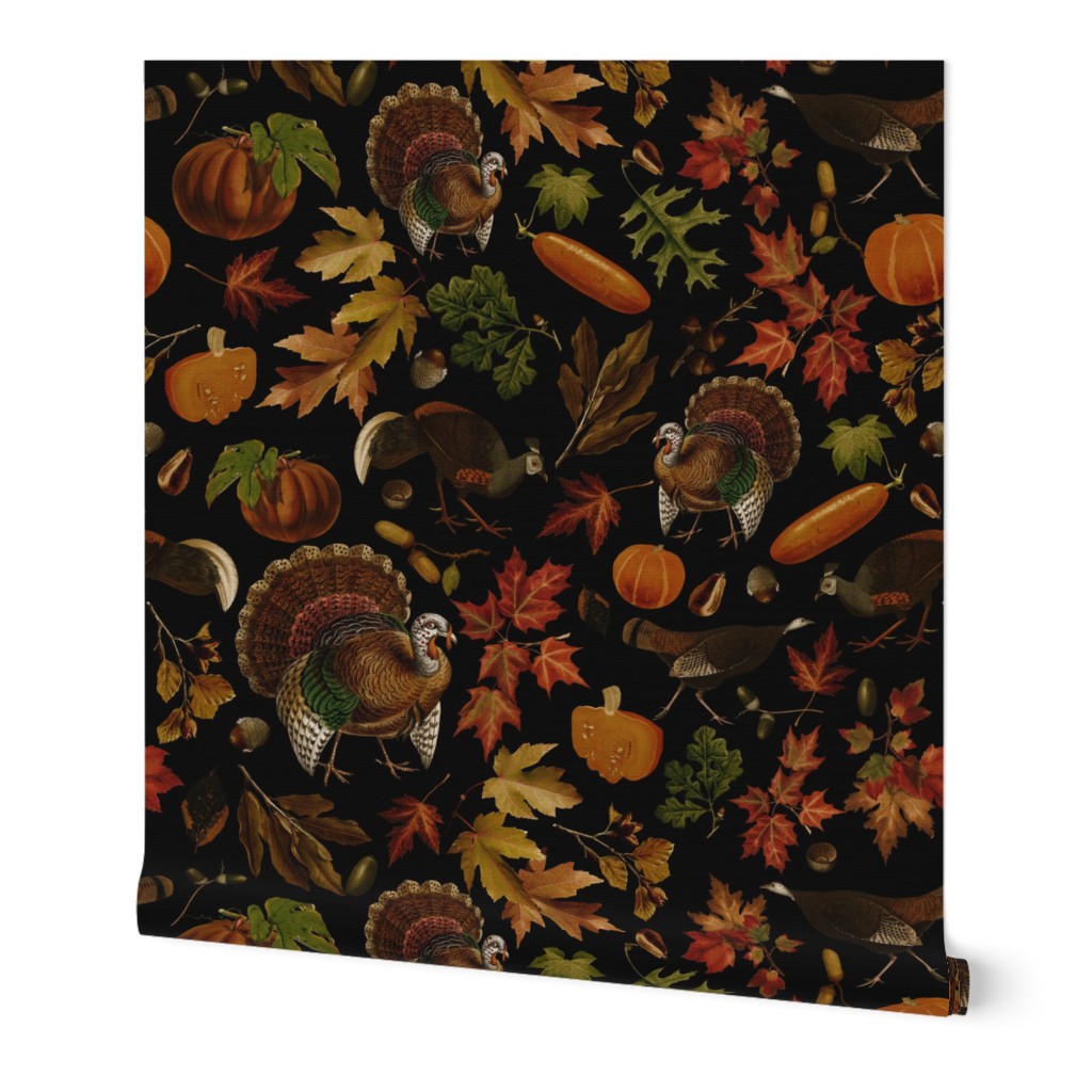 Thanksgiving approaching, vintage turkey, antique pumpkin,festive food, nostalgic colourful autumn leaves - contrast black