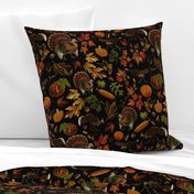 Thanksgiving approaching, vintage turkey, antique pumpkin,festive food, nostalgic colourful autumn leaves - contrast black