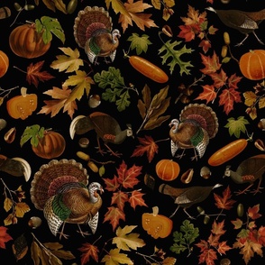 Thanksgiving approaching, vintage turkey, antique pumpkin,festive food, nostalgic colourful autumn leaves - contrast black