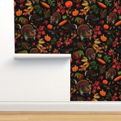 Thanksgiving approaching, vintage turkey, antique pumpkin,festive food, nostalgic colourful autumn leaves - strong contrast black 