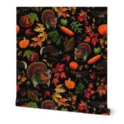 Thanksgiving approaching, vintage turkey, antique pumpkin,festive food, nostalgic colourful autumn leaves - strong contrast black 