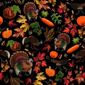 Thanksgiving approaching, vintage turkey, antique pumpkin,festive food, nostalgic colourful autumn leaves - strong contrast black 