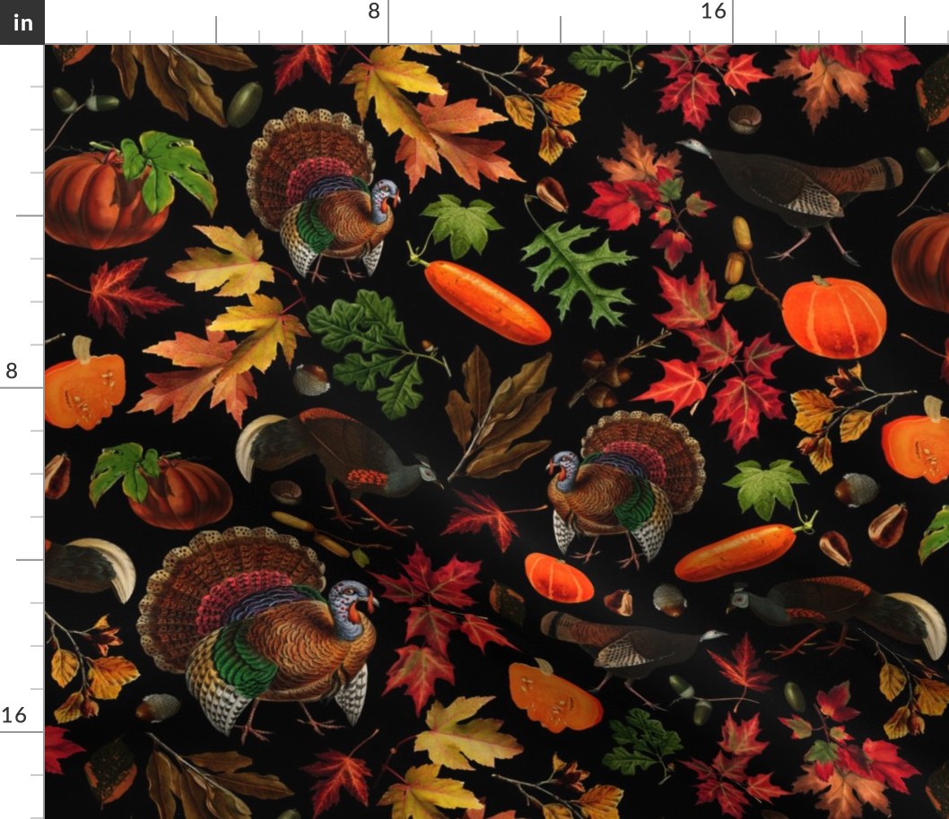 Thanksgiving approaching, vintage turkey, antique pumpkin,festive food, nostalgic colourful autumn leaves - strong contrast black 