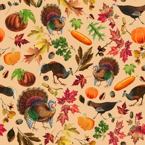 Thanksgiving approaching, vintage turkey, antique pumpkin,nostalgic colourful autumn leaves -orange