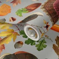 Thanksgiving approaching, vintage turkey, antique pumpkin,nostalgic colourful autumn leaves- gray