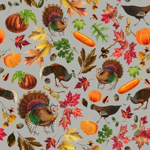 Thanksgiving approaching, vintage turkey, antique pumpkin,nostalgic colourful autumn leaves- gray