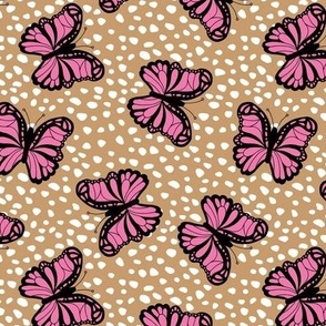 Butterflies and dots - summer butterfly boho style autumn garden pink on ginger ochre yellow