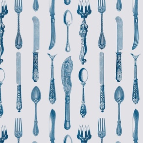Historic Silverware Pattern For Kitchen, Hotel, Bar And Restaurant In Blue Grey Smaller Scale