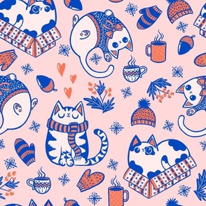 cozy christmas cat - big scale - blue pink