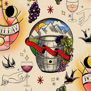 Drink The World Wine-Themed Old School Tattoo Flash Art