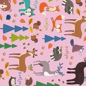 Animals In The Woodland Pink Evelyn Small Rotated
