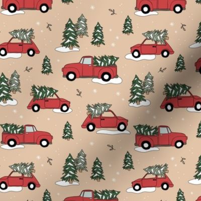 Christmas pick up - driving home for Christmas seasonal holidays snow pine trees and cars kids theme red green on soft peachy beige