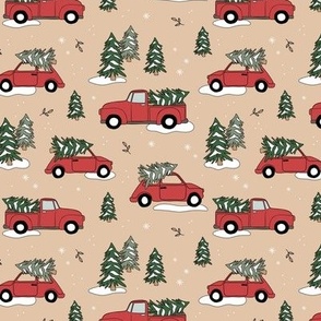 Christmas pick up - driving home for Christmas seasonal holidays snow pine trees and cars kids theme red green on soft peachy beige