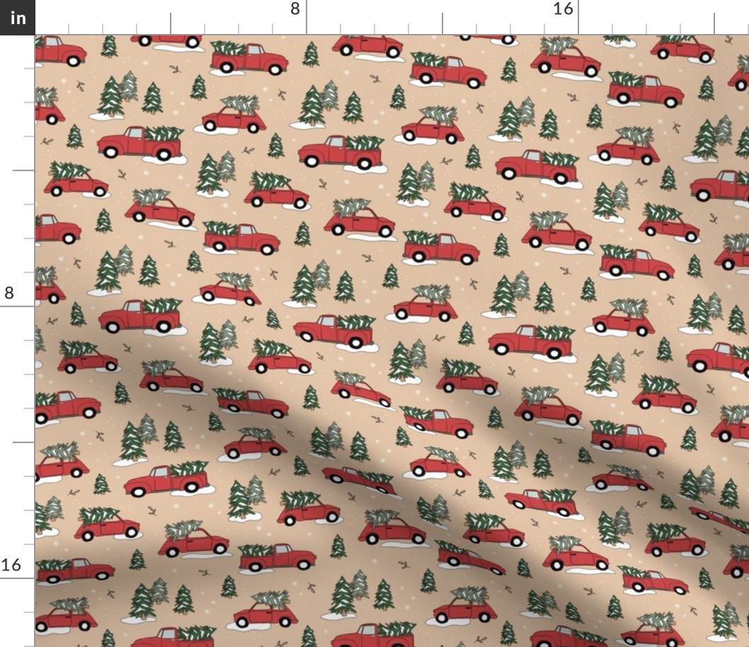 Christmas pick up - driving home for Christmas seasonal holidays snow pine trees and cars kids theme red green on soft peachy beige