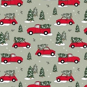 Christmas pick up - driving home for Christmas seasonal holidays snow pine trees and cars kids theme red green on light olive