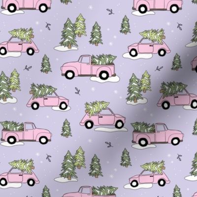 Christmas pick up - driving home for Christmas seasonal holidays snow pine trees and cars kids theme mint pink lilac