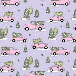 Christmas pick up - driving home for Christmas seasonal holidays snow pine trees and cars kids theme mint pink lilac