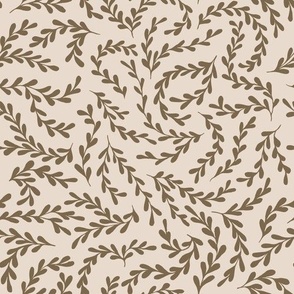 Brown branches with leaves on beige background. Ditsy, small scale