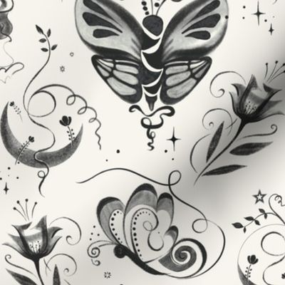 Floral moon-butterflies tattoo