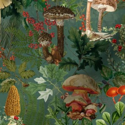 Mushroom Dance - Nostalgic Forest Psychadelic Mushroom Kitchen Wallpaper, Vintage Edible Mushrooms Forest Fabric,  Antique Greenery, Fall Home Decor,  Woodland Harvest,pine green double layer