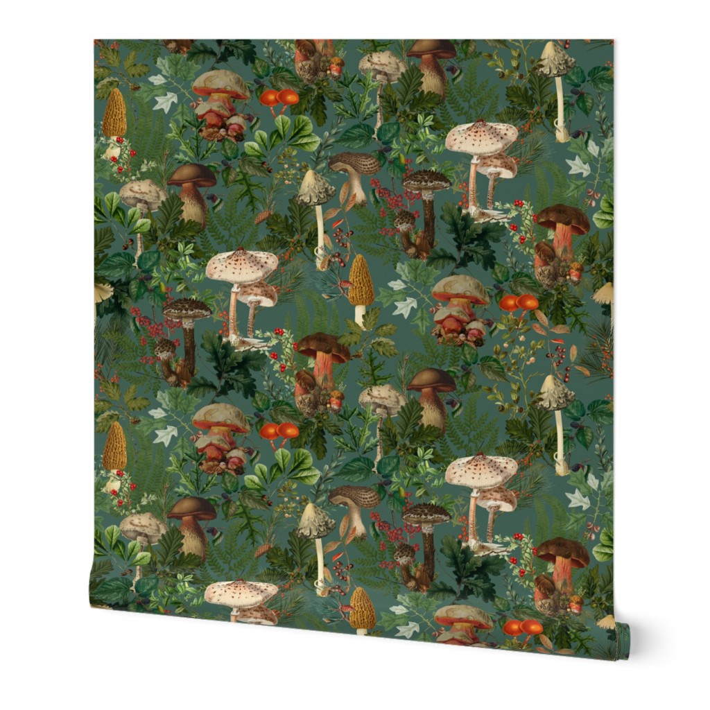 Mushroom Dance - Nostalgic Forest Mushroom Kitchen Wallpaper, Vintage Edible Psychadelic Mushrooms Forest Fabric And Wallpaper,  Antique Greenery, Fall Home Decor,  Woodland Harvest,pine green