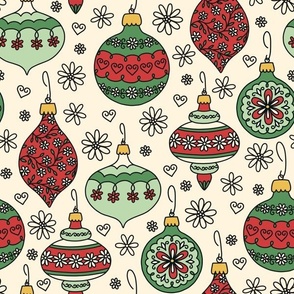Floral Doodle Ornaments in Red & Green (Large Scale)