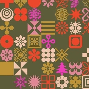 Christmas Ornaments (Multi on Olive) || midcentury type grid