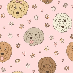 Golden Doodles & Hearts on Pink (Large Scale)