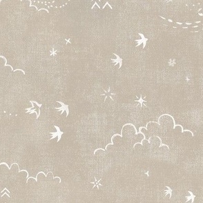 Feathers and Birds in White on Sand (large scale) | Hand drawn bird fabric, feather pattern, clouds, stars, moon and sun in fresh white on taupe linen pattern.