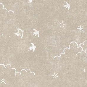 Feathers and Birds in White on Sand (xl scale) | Hand drawn bird fabric, feather pattern, clouds, stars, moon and sun in fresh white on taupe linen pattern.