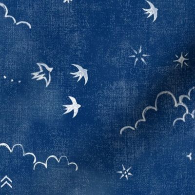 Feathers and Birds in White on Indigo (xl scale) | Hand drawn bird fabric, feather pattern, clouds, stars, moon and sun in fresh white on indigo blue linen pattern.