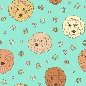 Golden Doodles & Hearts on Teal (Large Scale)