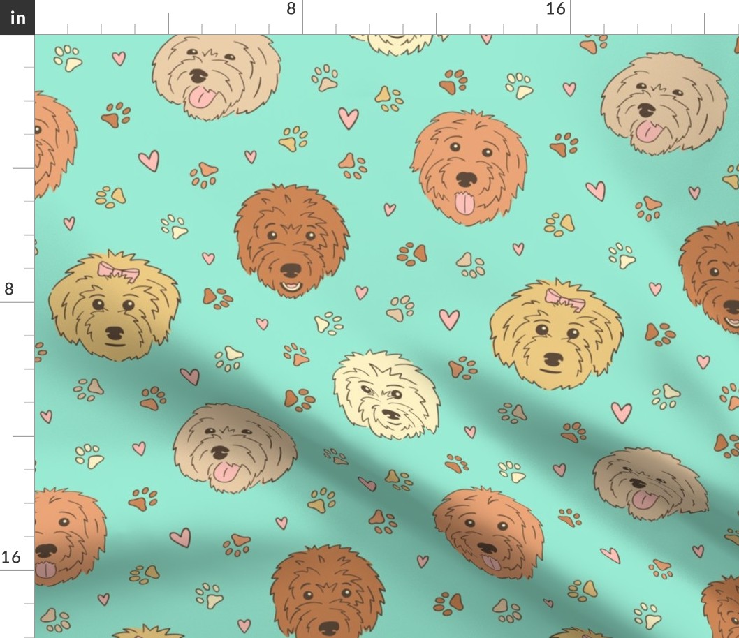 Golden Doodles & Hearts on Teal (Large Scale)