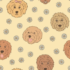 Golden Doodles & Daisies on Yellow (Large Scale)